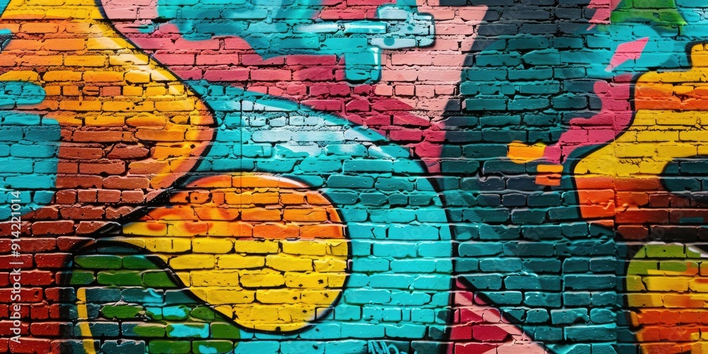 Colorful painted brick wall with abstract designs Colorful painted brick wall with abstract designs