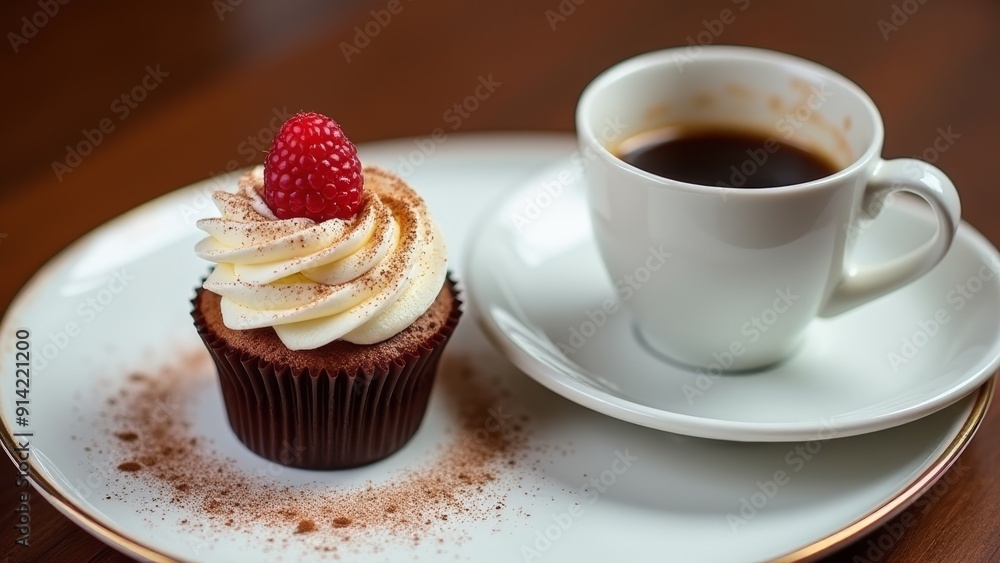 A beautifully plated dessert garnished with a raspberry and cocoa powder, served alongside a cup of coffee, creating a sophisticated dining experience. A beautifully plated dessert garnished with a raspberry and cocoa powder, served alongside a cup of coffee, creating a sophisticated dining experience.