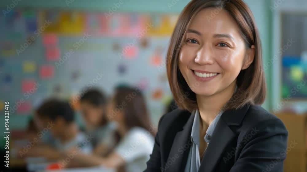 Cheerful asian teacher engages with students in a vibrant classroom, creating a lively educational environment Cheerful asian teacher engages with students in a vibrant classroom, creating a lively educational environment