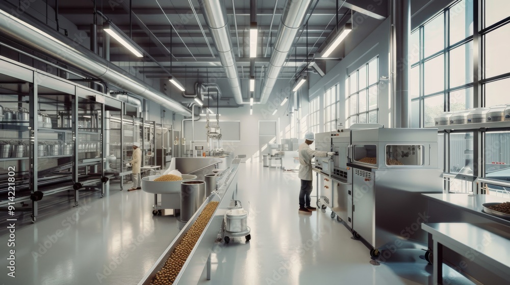 A clean, modern factory with a worker overseeing a production line. The space is bright and well-lit. A clean, modern factory with a worker overseeing a production line. The space is bright and well-lit.