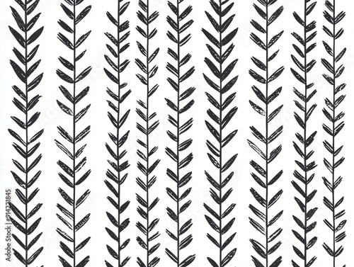 Seamless pattern of black white hand-drawn fern leaves
