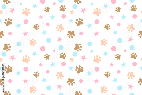 Colorful Confetti Star And Cute Cat Or Dog Paw Pattern Background. Wallpaper. Vector Illustration