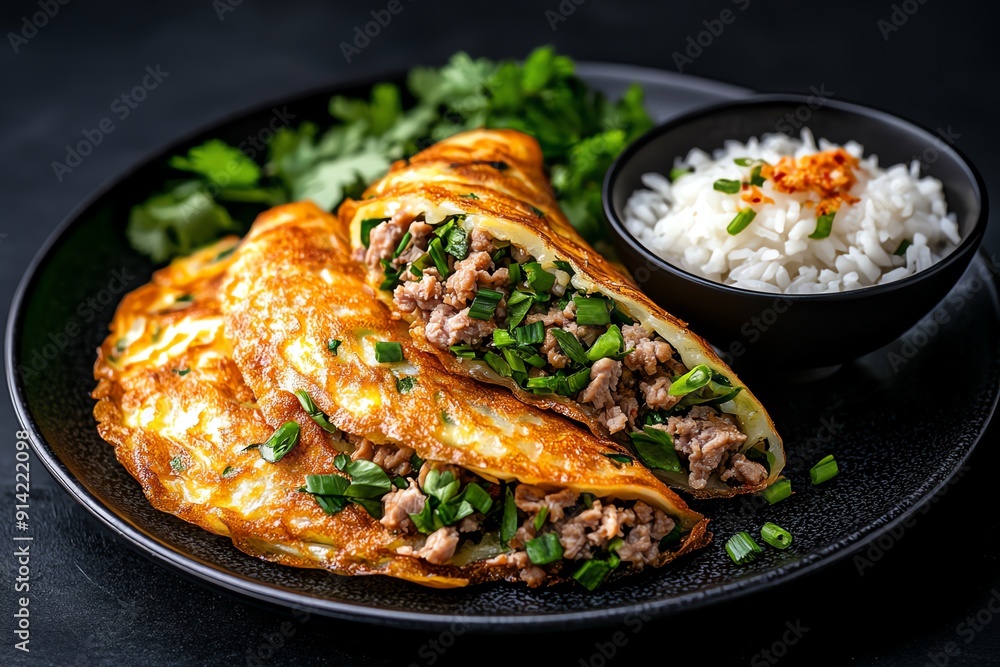 Delicious stuffed omelette with minced pork and fresh herbs, served with rice in a black bowl, presented on a dark background. Delicious stuffed omelette with minced pork and fresh herbs, served with rice in a black bowl, presented on a dark background.