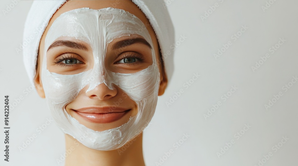 Close up of joyful woman in facial mask for skincare routine on white background Close up of joyful woman in facial mask for skincare routine on white background