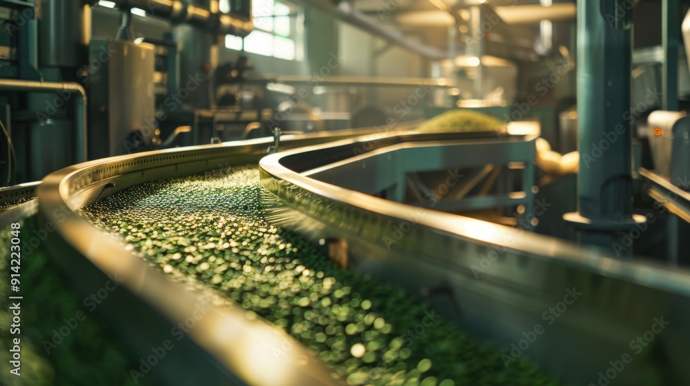 A close-up shot of a conveyor belt carrying green pellets in a factory. The belt curves around a corner and leads into the depths of the facility. A close-up shot of a conveyor belt carrying green pellets in a factory. The belt curves around a corner and leads into the depths of the facility.