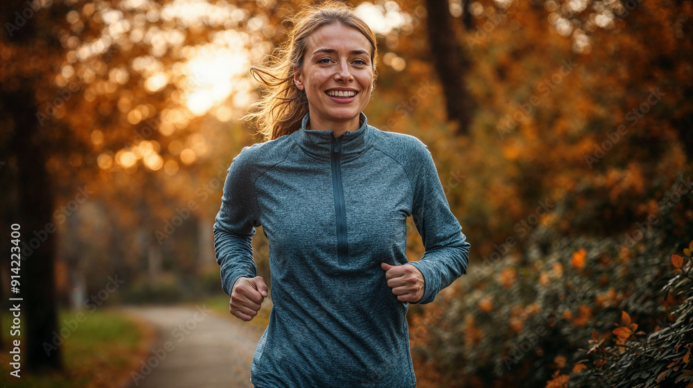 Obraz premium Woman running in autumn forest for mental health. Generative AI