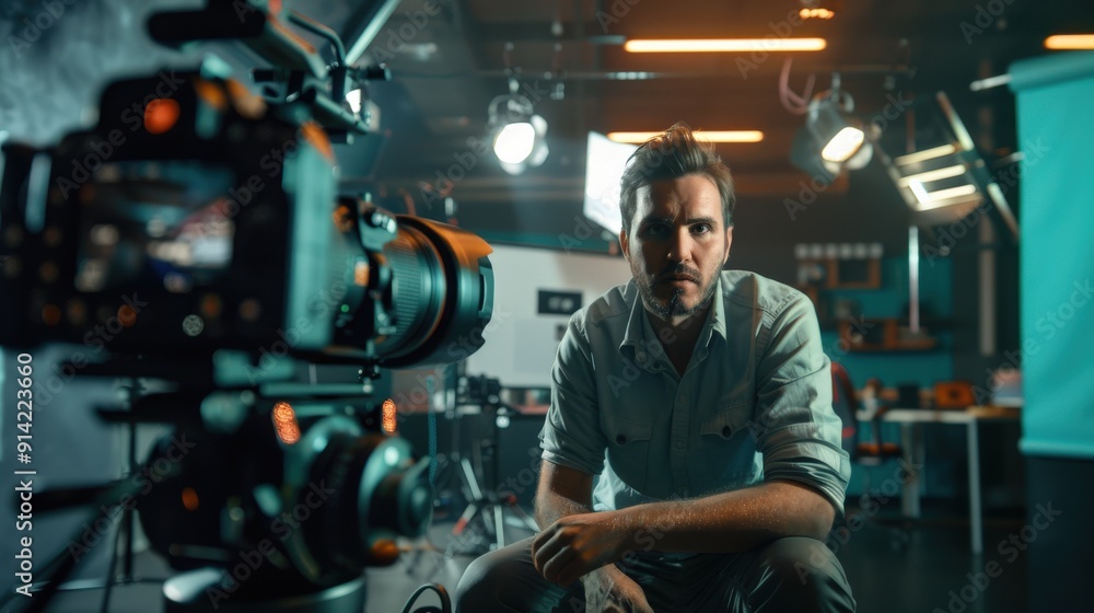 A confident filmmaker looks directly at the camera in a studio setting. A confident filmmaker looks directly at the camera in a studio setting.