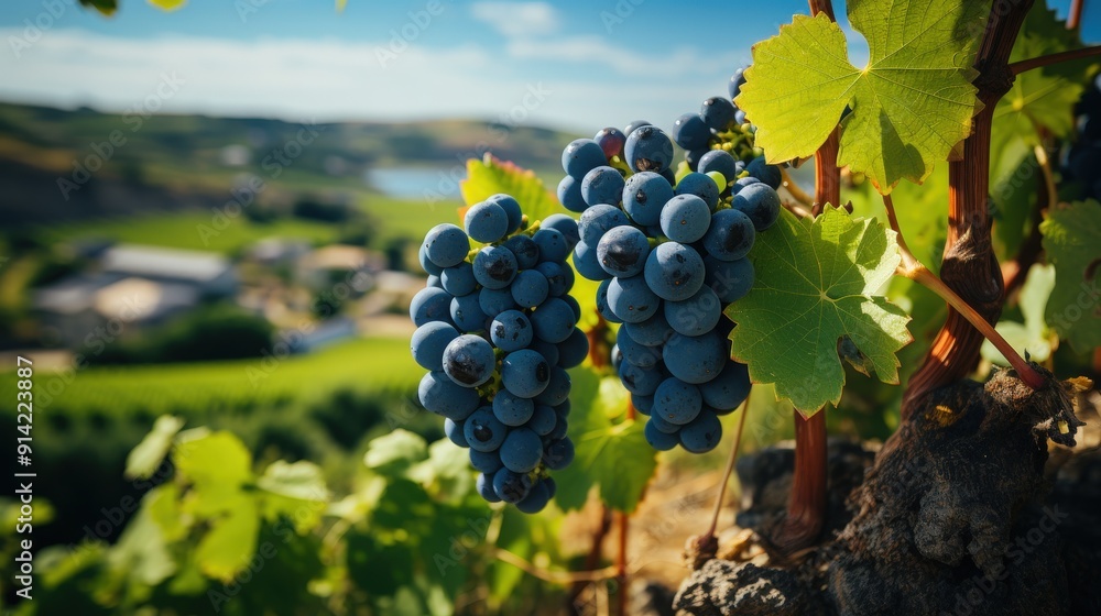 Fototapeta premium Grapes Hanging From a Vine in a Vineyard
