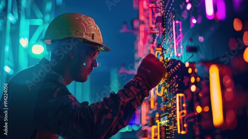 A construction worker in a yellow hardhat works on a neon-lit structure, illuminated by vibrant lights.
