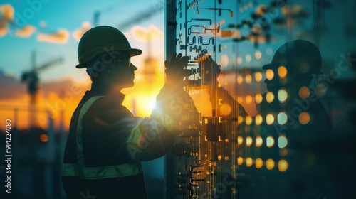 A construction worker silhouetted against a sunset, working on a power line.  He wears a hard hat and reflective vest.