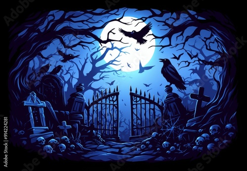 Spooky Halloween illustration with creepy trees, crows, and a full moon in a night forest, perfect for flat cartoon-style banners or posters. photo