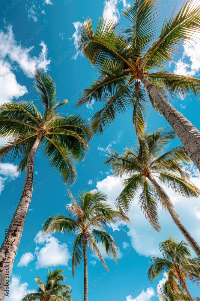 A group of palm trees in a natural landscape setting with a blue sky A group of palm trees in a natural landscape setting with a blue sky