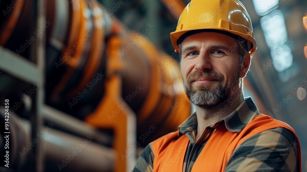 An industrial worker with arms crossed wearing a helmet and safety vest. An industrial worker with arms crossed wearing a helmet and safety vest.