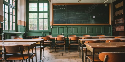 Empty classroom with desks and chairs.