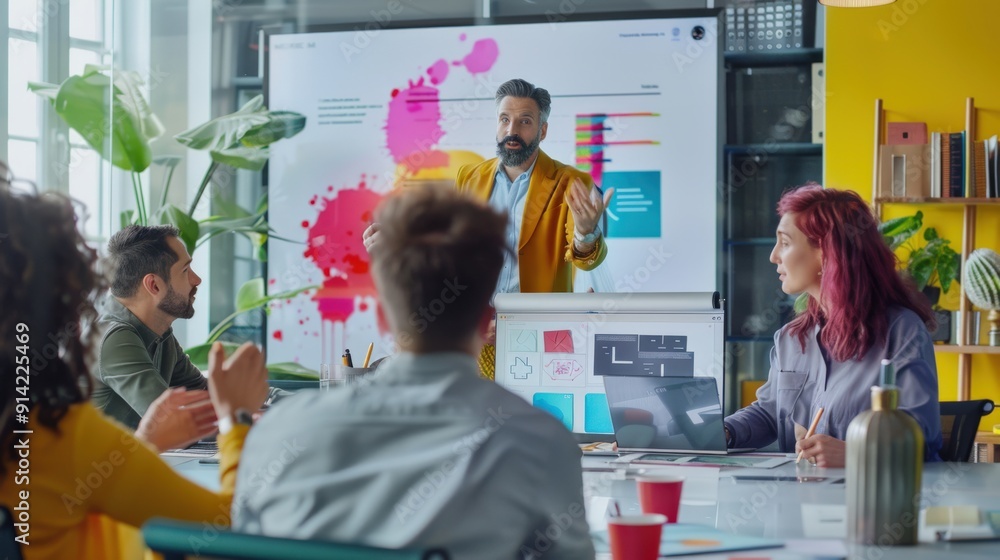 Obraz premium A diverse team listens attentively to a presentation on a large screen.