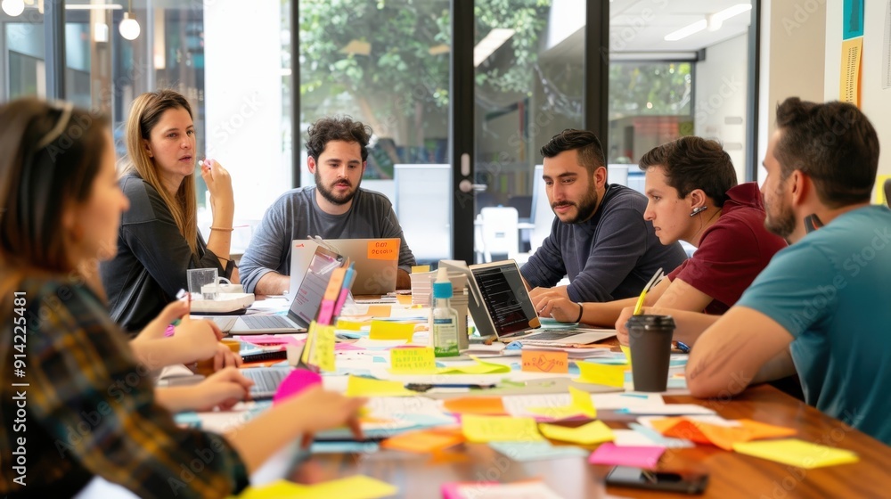 A diverse team of professionals collaborate around a table covered in colorful sticky notes during a brainstorming session. A diverse team of professionals collaborate around a table covered in colorful sticky notes during a brainstorming session.