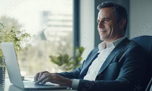 Smiling Businessman Working on Laptop in Office.