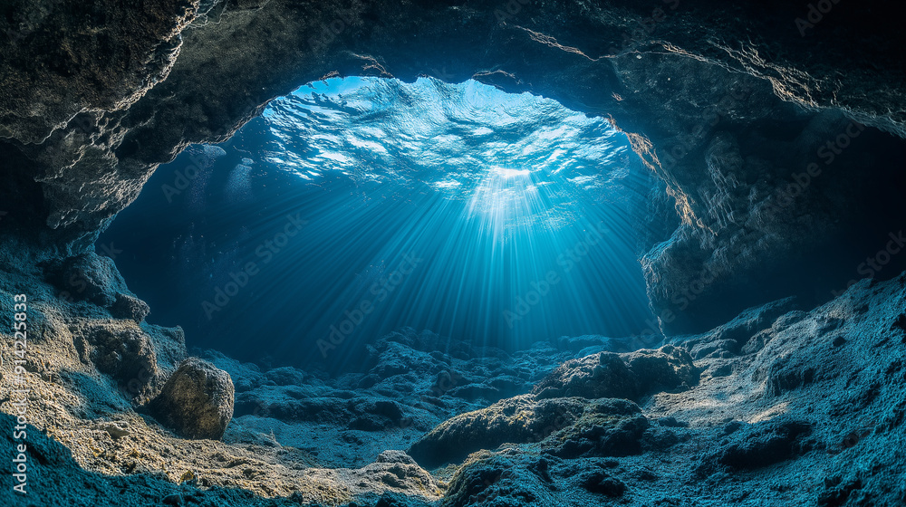 © Sadia - Sunlight filtering through underwater cave in a tranquil ocean setting