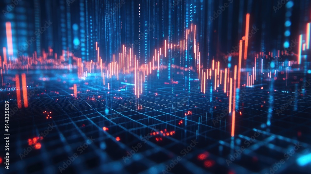 Creative forex chart with candlesticks on a blue grid wallpaper, representing stock market growth and trading concepts. 3D rendering. Creative forex chart with candlesticks on a blue grid wallpaper, representing stock market growth and trading concepts. 3D rendering.