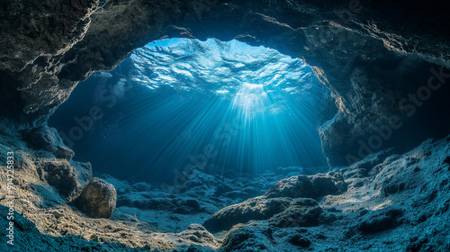 Sunlight filtering through underwater cave in a tranquil ocean setting photo