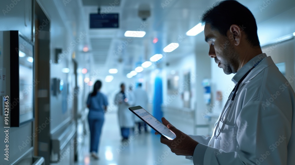 A doctor in a white coat uses a tablet computer while walking down a hospital corridor. Two other medical professionals are visible in the background. A doctor in a white coat uses a tablet computer while walking down a hospital corridor. Two other medical professionals are visible in the background.