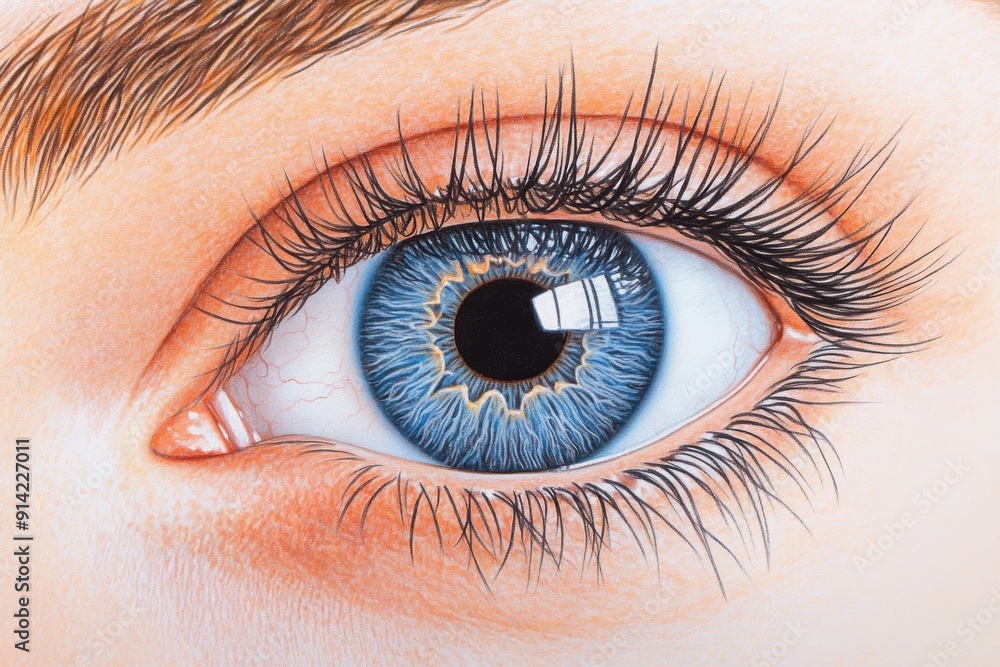 Fototapeta premium Detailed close-up of blue human eye with long eyelashes