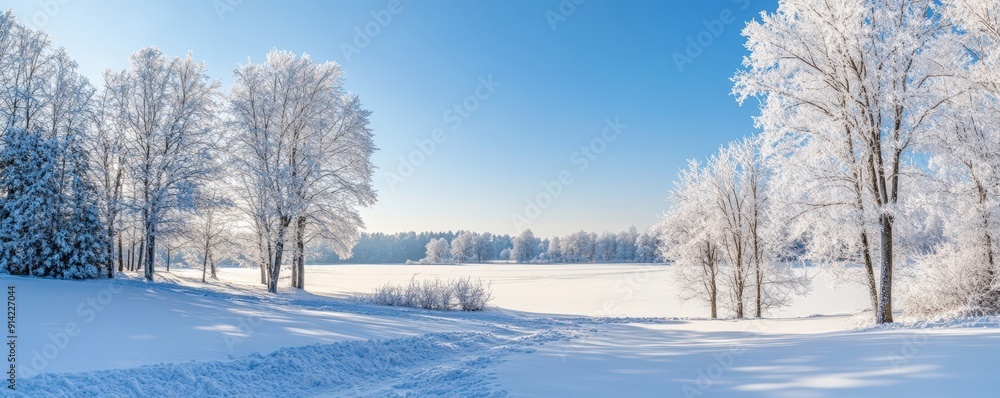 A serene winter landscape featuring snow-covered trees under a clear blue sky, perfect for evoking tranquility and calmness. A serene winter landscape featuring snow-covered trees under a clear blue sky, perfect for evoking tranquility and calmness.