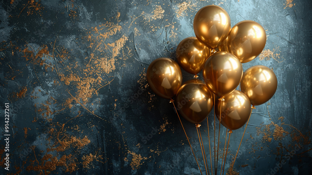 Naklejka premium Beautiful golden balloons on a dark background close-up