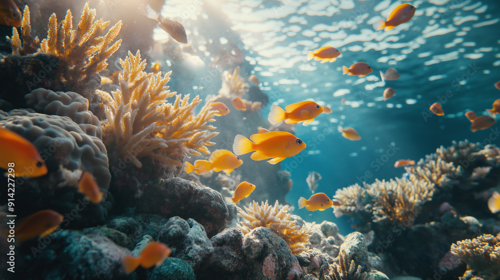 Fototapeta premium Colorful tropical fish swimming among vibrant coral reefs in a sunlit underwater scene