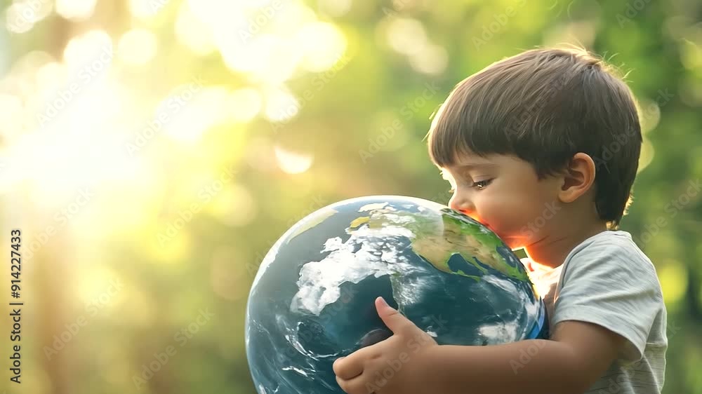 A heartwarming of a young child hugging a globe in a peaceful natural setting. The innocent scene conveys a strong message of environmental consciousness and love for the earth A heartwarming of a young child hugging a globe in a peaceful natural setting. The innocent scene conveys a strong message of environmental consciousness and love for the earth