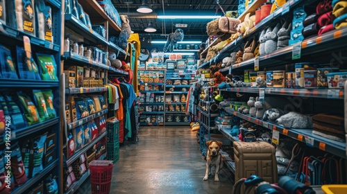 A dog stands in an aisle of a pet store, surrounded by shelves full of pet supplies.