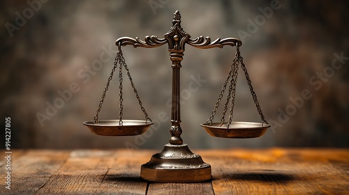 Scales of Justice: A weathered, antique silver balance scale stands against a textured backdrop, symbolizing the timeless pursuit of fairness and legal balance. 