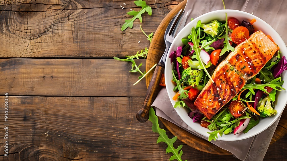 Top view of salad with salmon on the table with copy space. Healthy food menu for dieting. Top view of salad with salmon on the table with copy space. Healthy food menu for dieting.
