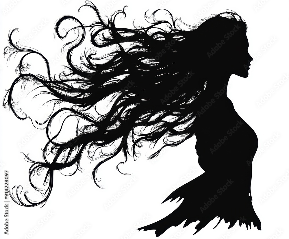Elegant silhouette of woman with flowing hair Elegant silhouette of woman with flowing hair