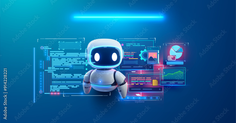 A futuristic robot interacting with a digital data interface on a blue background perfect for technology and AI-themed designs and presentations. Cute robot with futuristic HUD interface. Vector