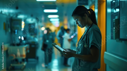 A female nurse in scrubs uses a tablet in a hospital hallway.  The image conveys a sense of urgency and focus.