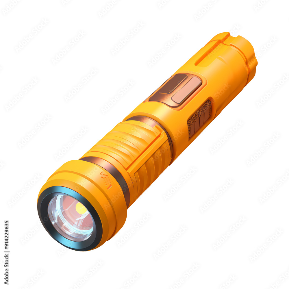 Yellow flashlight with a dark gray lens and a bronze button isolated on transparent background cutout, PNG file Yellow flashlight with a dark gray lens and a bronze button isolated on transparent background cutout, PNG file