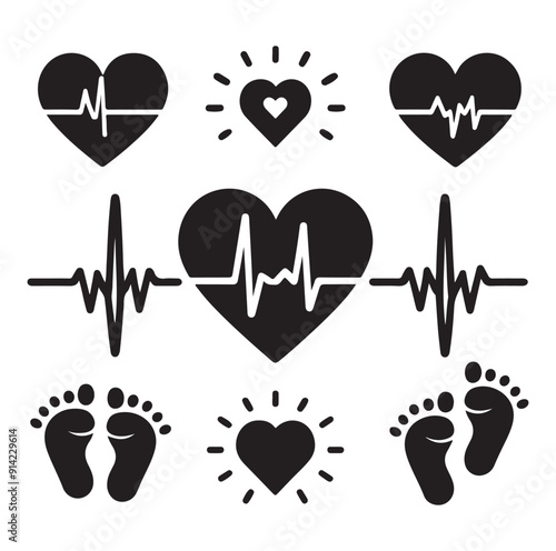 Minimal Set of heart pulse with heart and babys feet vector flat style silhouette vector illustration Design.