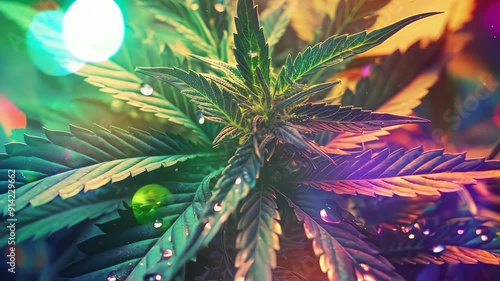 Close-up of a cannabis plant with water droplets and vibrant lights