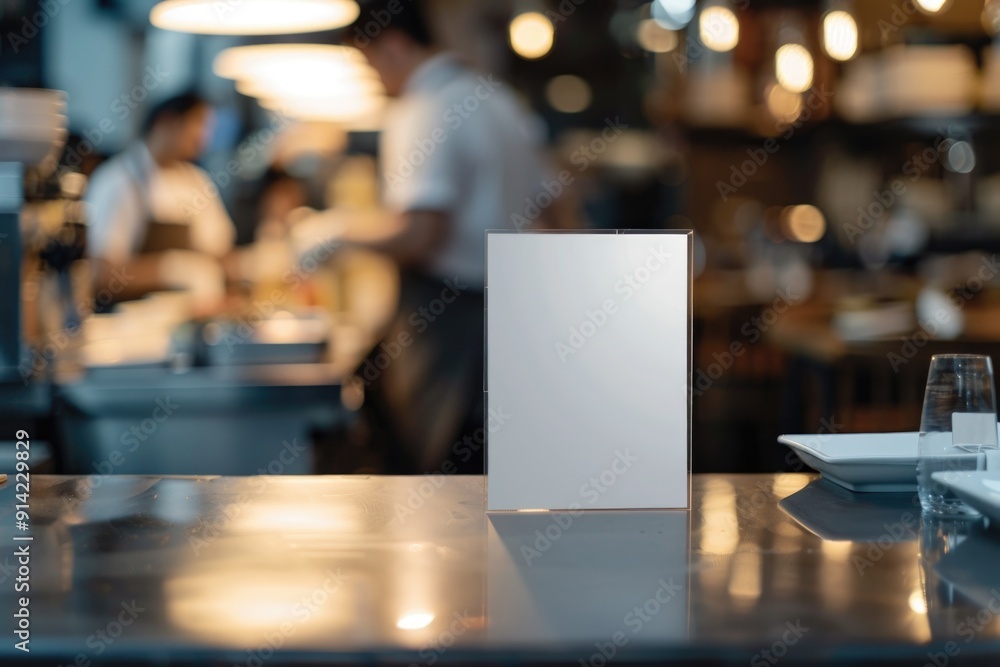 Photo of a well-lit restaurant interior featuring a table with menu and place card, a staff person in the background, and a menu stand for serving patrons. Photo of a well-lit restaurant interior featuring a table with menu and place card, a staff person in the background, and a menu stand for serving patrons.