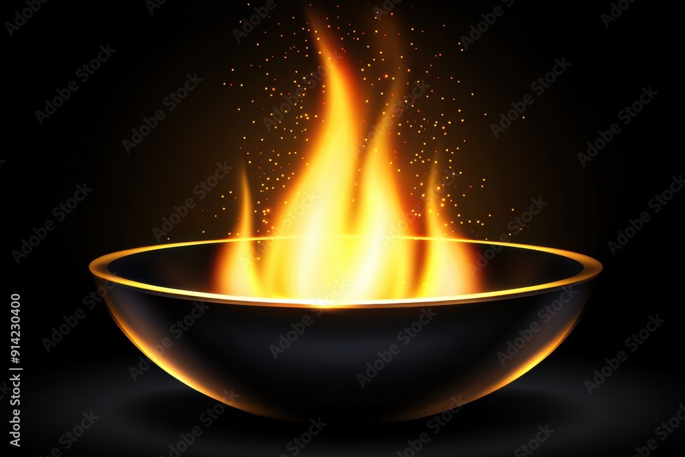 Glowing fire bowl with sparkling flames on dark background Glowing fire bowl with sparkling flames on dark background
