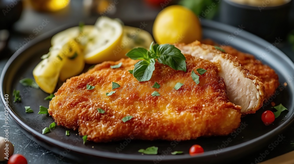 Traditional German Schnitzel with lemon slice Traditional German Schnitzel with lemon slice