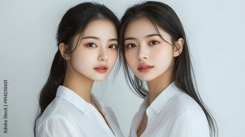Radiant Asian Young Women Twins in Bright Studio Setting Radiant Asian Young Women Twins in Bright Studio Setting