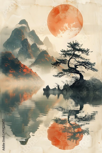 Asian landscape in sepia tones. The overall atmosphere is peaceful and minimalistic, with a vintage sepia aesthetic.
