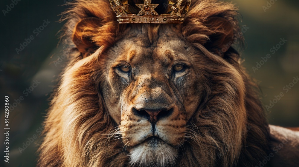 Male lion with battle scars wearing a king of the jungle crown Male lion with battle scars wearing a king of the jungle crown