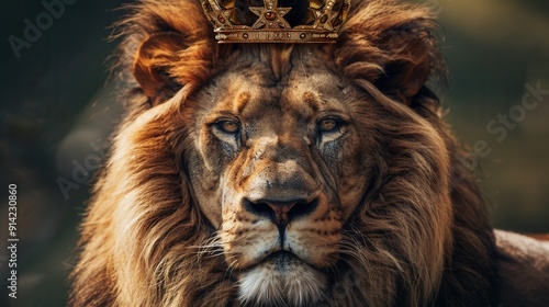 Male lion with battle scars wearing a king of the jungle crown