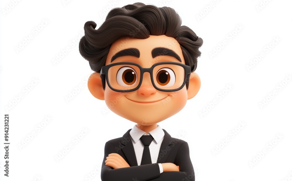 3D cartoon of a young businessman with crossed arms, wearing a suit and glasses, on a white background. 3D cartoon of a young businessman with crossed arms, wearing a suit and glasses, on a white background.