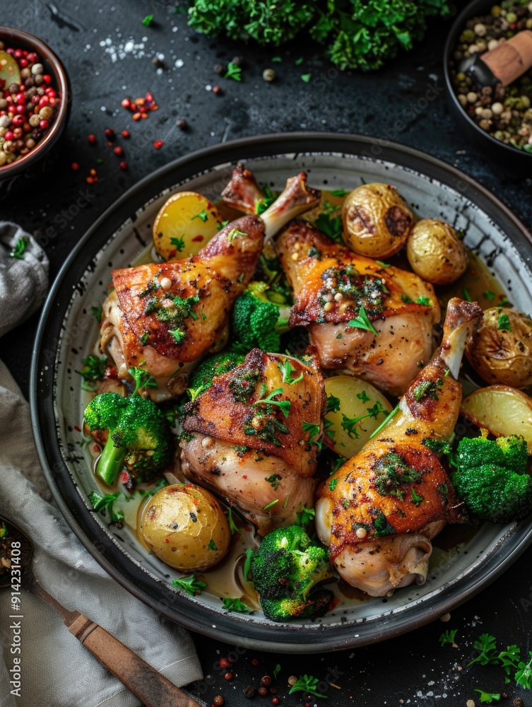 Delicious cooked chicken, broccoli and potatoes served in a metal dish. A hearty meal with garnishes. Delicious cooked chicken, broccoli and potatoes served in a metal dish. A hearty meal with garnishes.