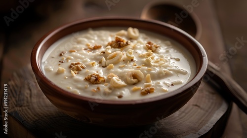 Bowl of Creamy Rice Pudding with Nuts