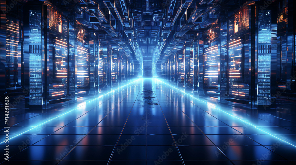 A blue computer server room with a blue light A blue computer server room with a blue light